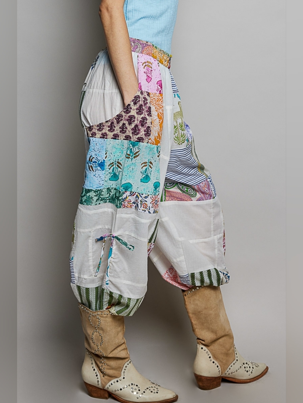 POL Printed Patchwork Wide Leg Pants with Adjustable Side Drawstring - Picture 5 of 8